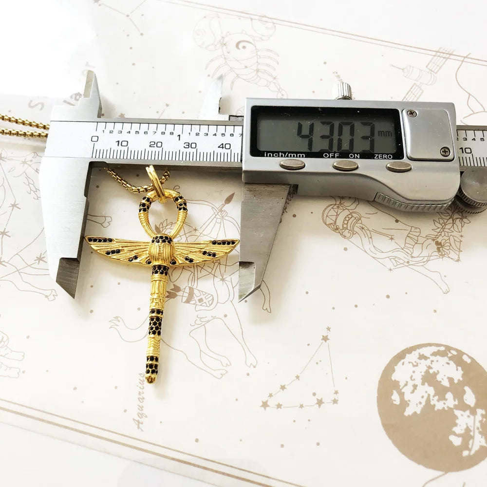 Gold Cross of Life Ankh with Scarab Necklace