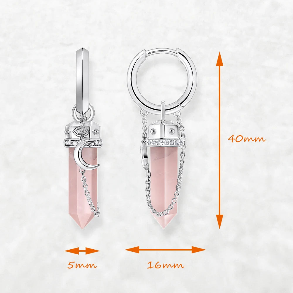 Silver Hexagonal Hoop Earrings with Rose Quartz