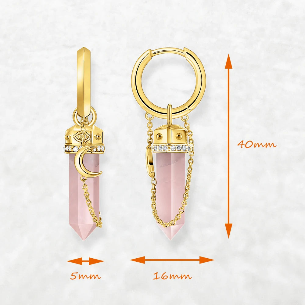 Gold Hexagonal Hoop Earrings with Rose Quartz